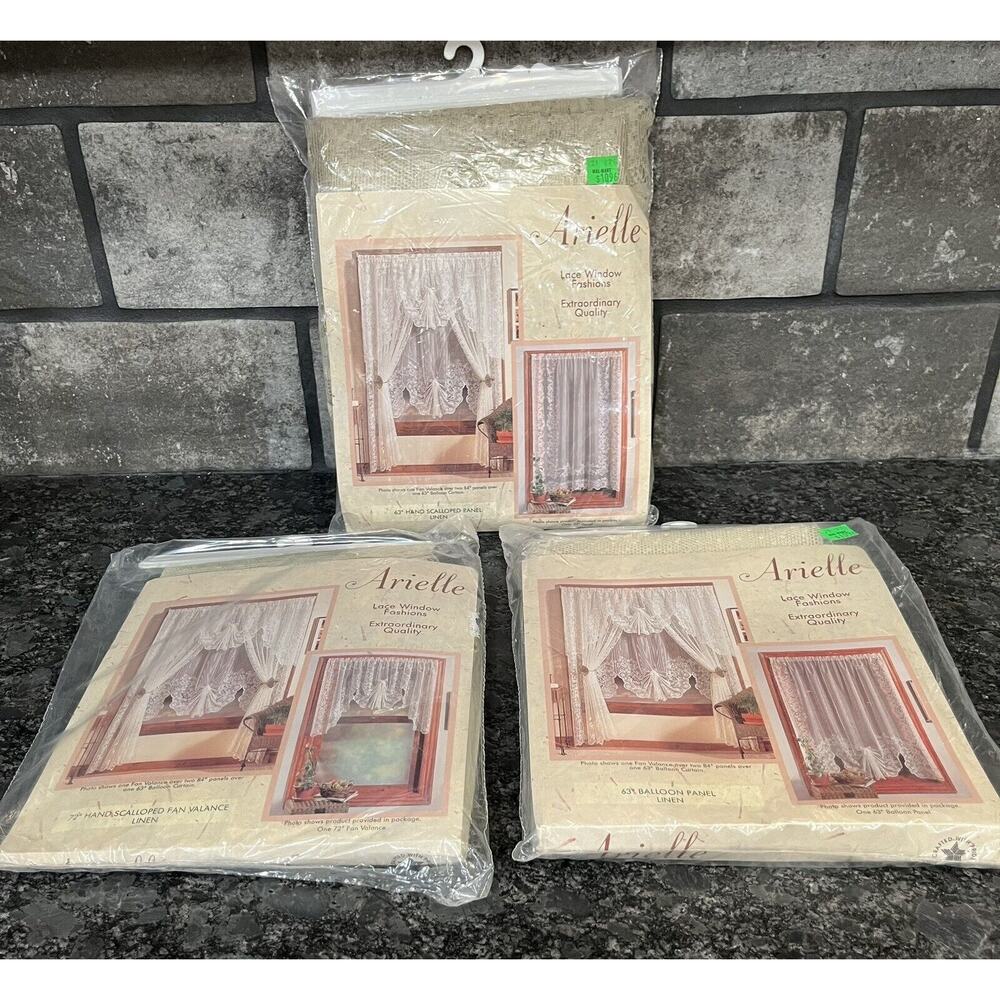 (3) Vtg Arielle Linen Lace Window Coord. Fan Valance/Balloon Panel/Scallop Panel